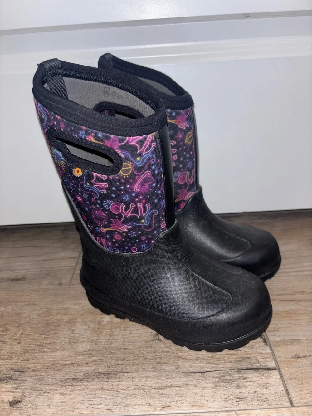 Bogs Kids Waterproof Pull-On Boots with Unicorn Print - Black & Purple Size 11